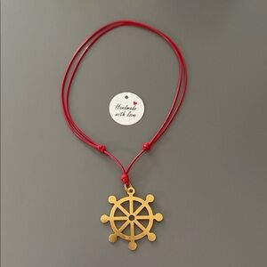 Gold Nautical Pendant on Red Cord Necklace